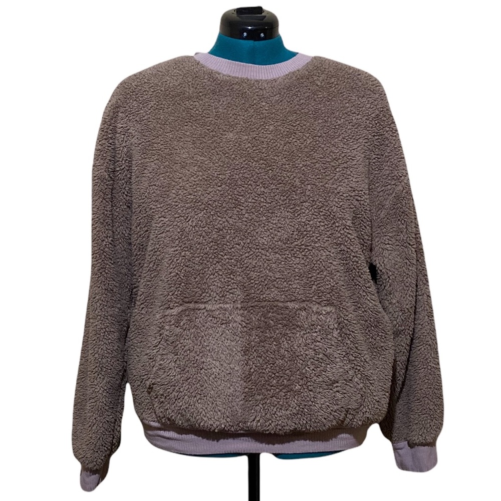 Cherish Oversized Crew Neck Brown Fleece Sweater with Kangaroo Pockets